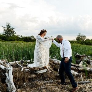 Wedding dress with slip and lace overlay